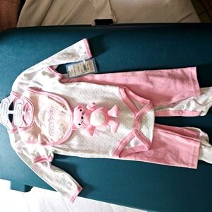 5 PC baby girl pink and white set with teddy bear